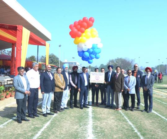 Dignitaries releasing balloons in the 16th Annual Athletic meet of Guru Angad Dev Veterinary and Animal Sciences University